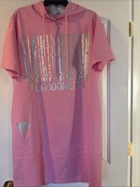 Pink Hooded Graphic Mini Dress with Silver Foil